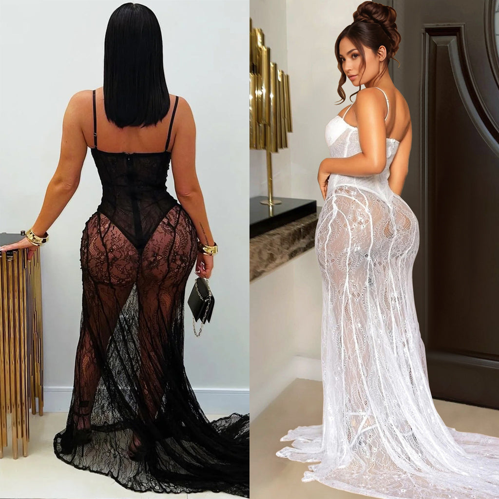 Fashion Women's Sexy Strap Lace Sheer Dress Gown