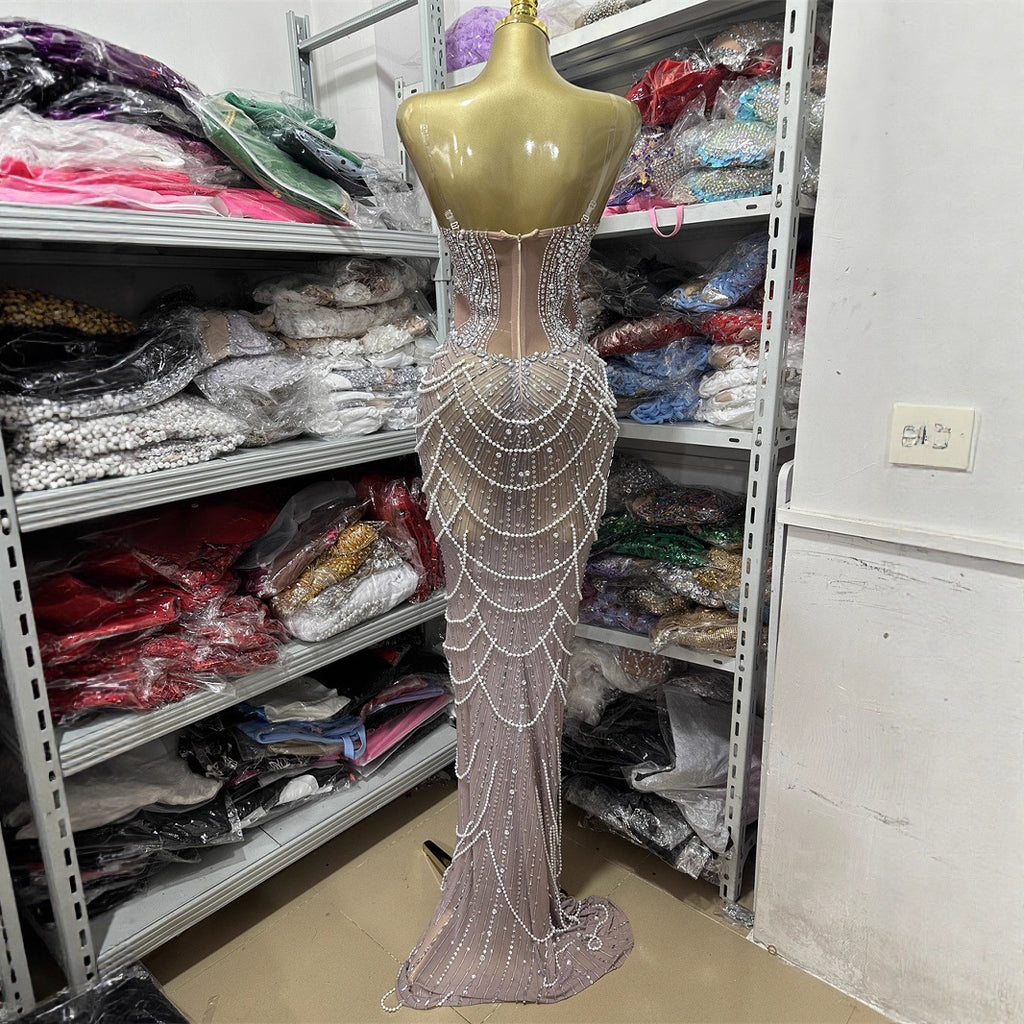 High-quality Fashion Backless V-neck Strapless Fitted Beaded Chain-embellished Long Bodycon Dress Evening Gown