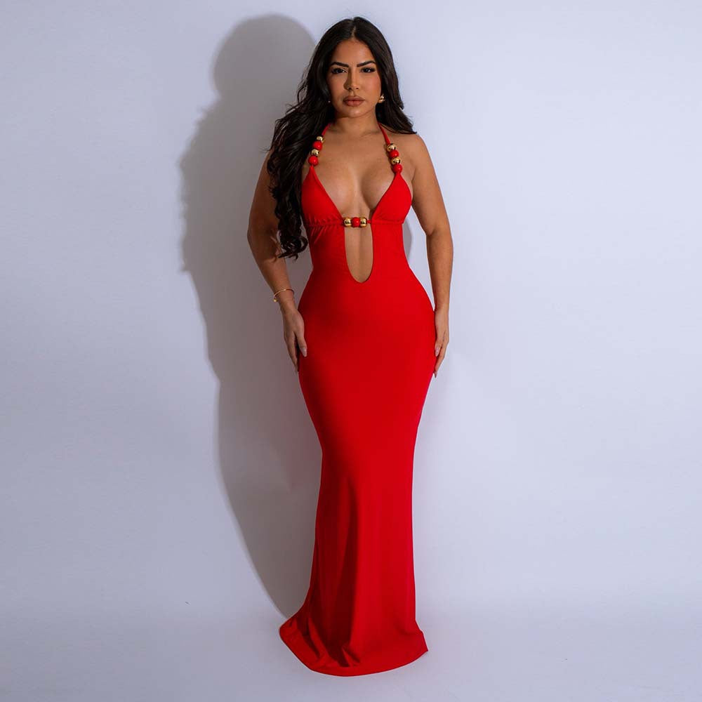 Sexy Deep V-Neck Beaded Fitted Evening Dress Backless Tied Long Dress