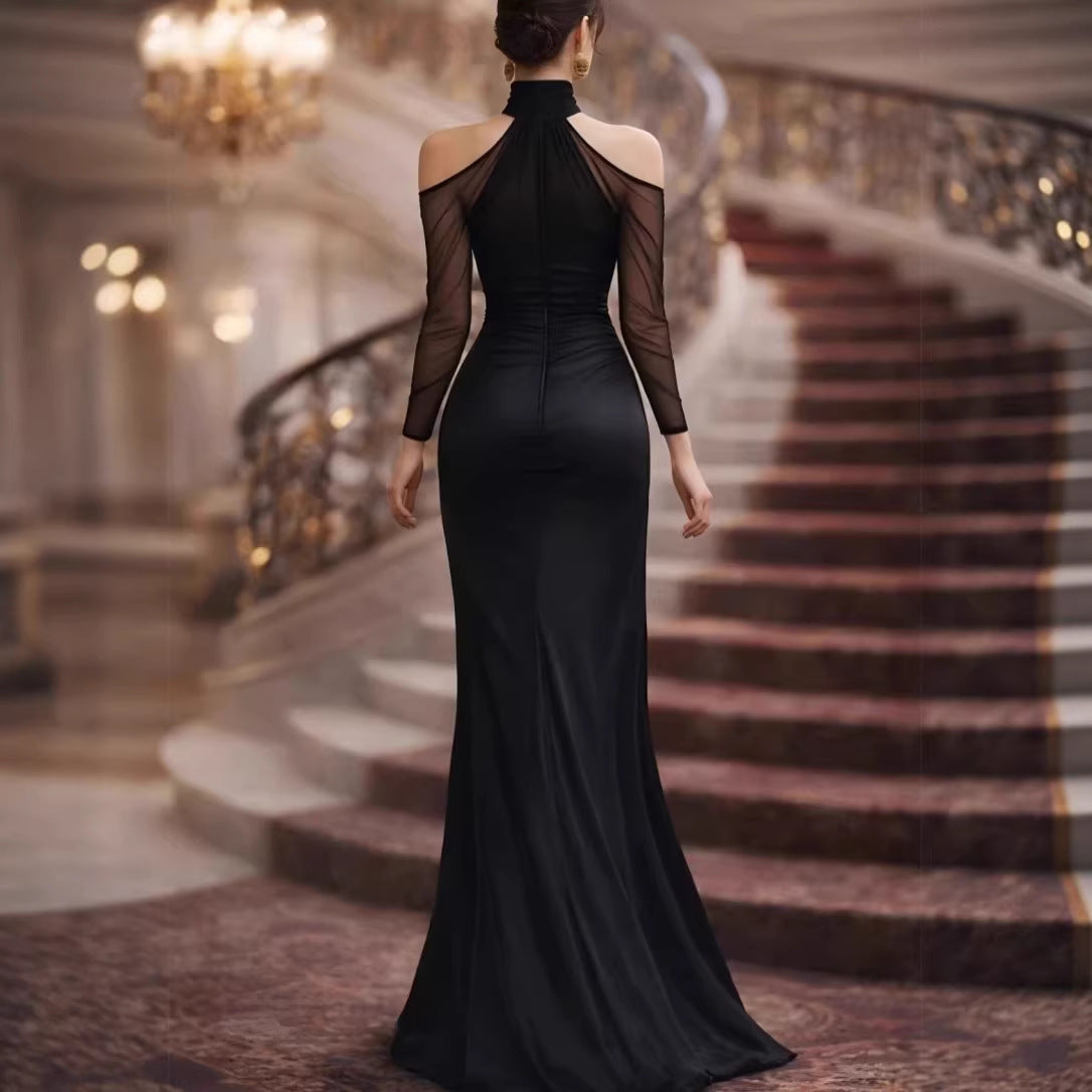 Sheer shoulder length long sleeved evening gown