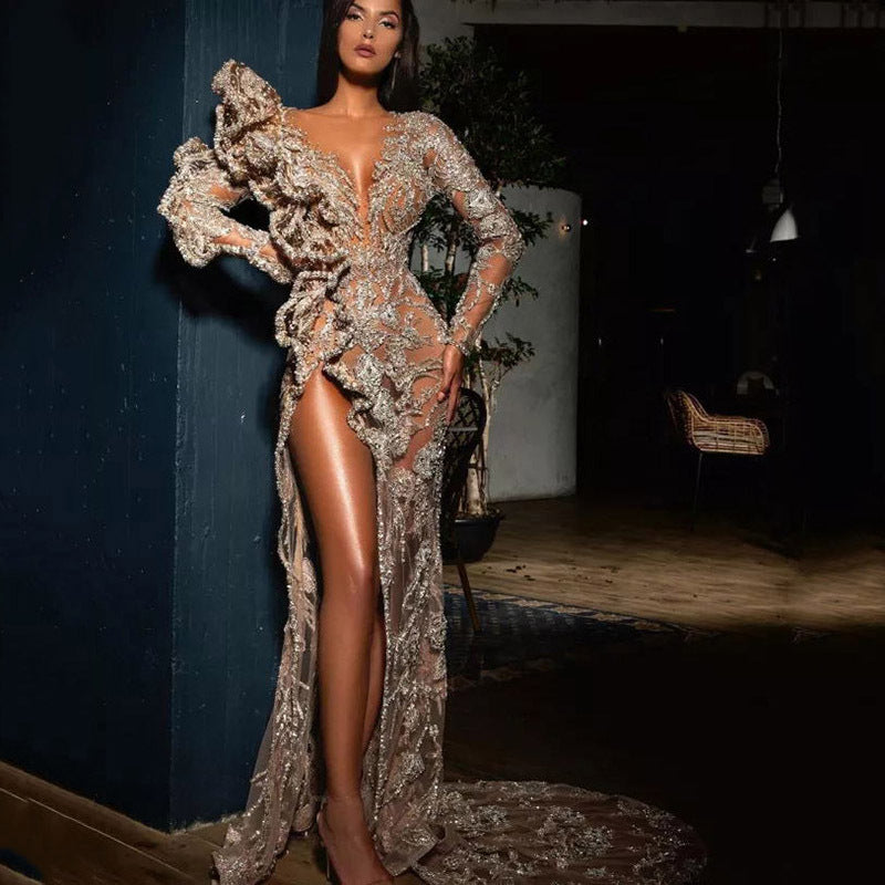 Gold Sprinkle Pattern  Long Sleeve  V-Neck Asymmetric Hem  Train  Evening Gown