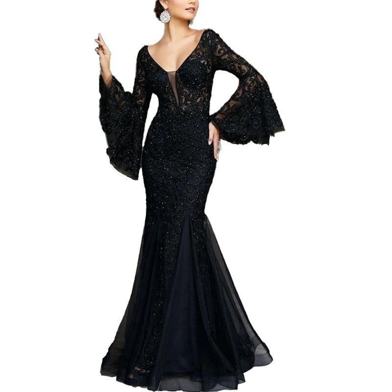 Elegant Sexy Fitted Mermaid Long Evening Dress for Women Black Lace Formal Gown