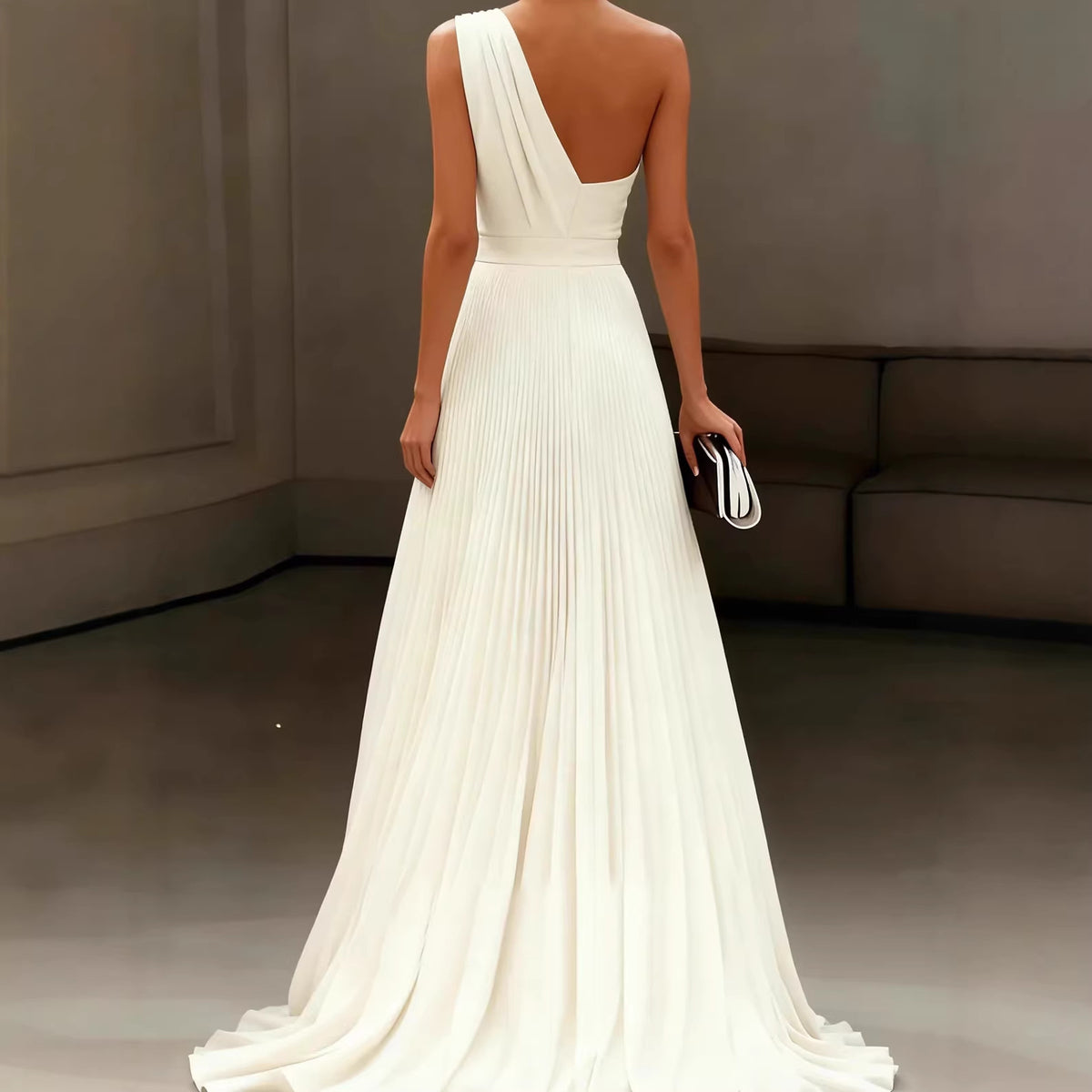 Elegant White One-Shoulder Long Dress with PleatsSummer Wedding Gown, Formal Occasion Dress