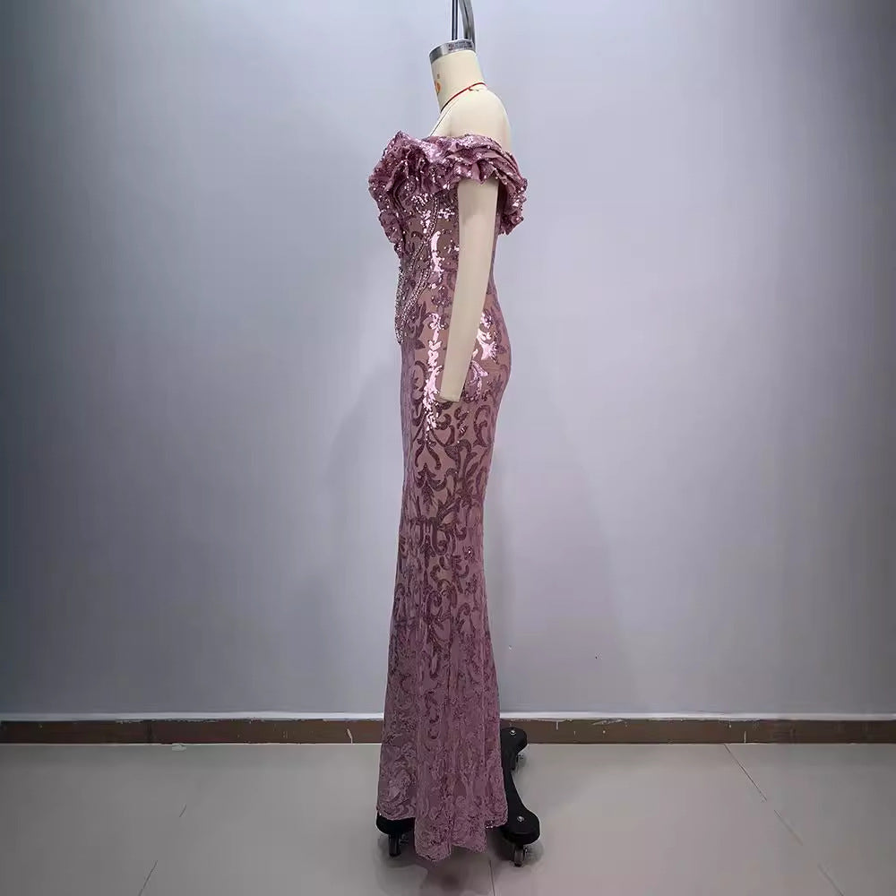 European and American style pink sexy and charming mesh evening dress