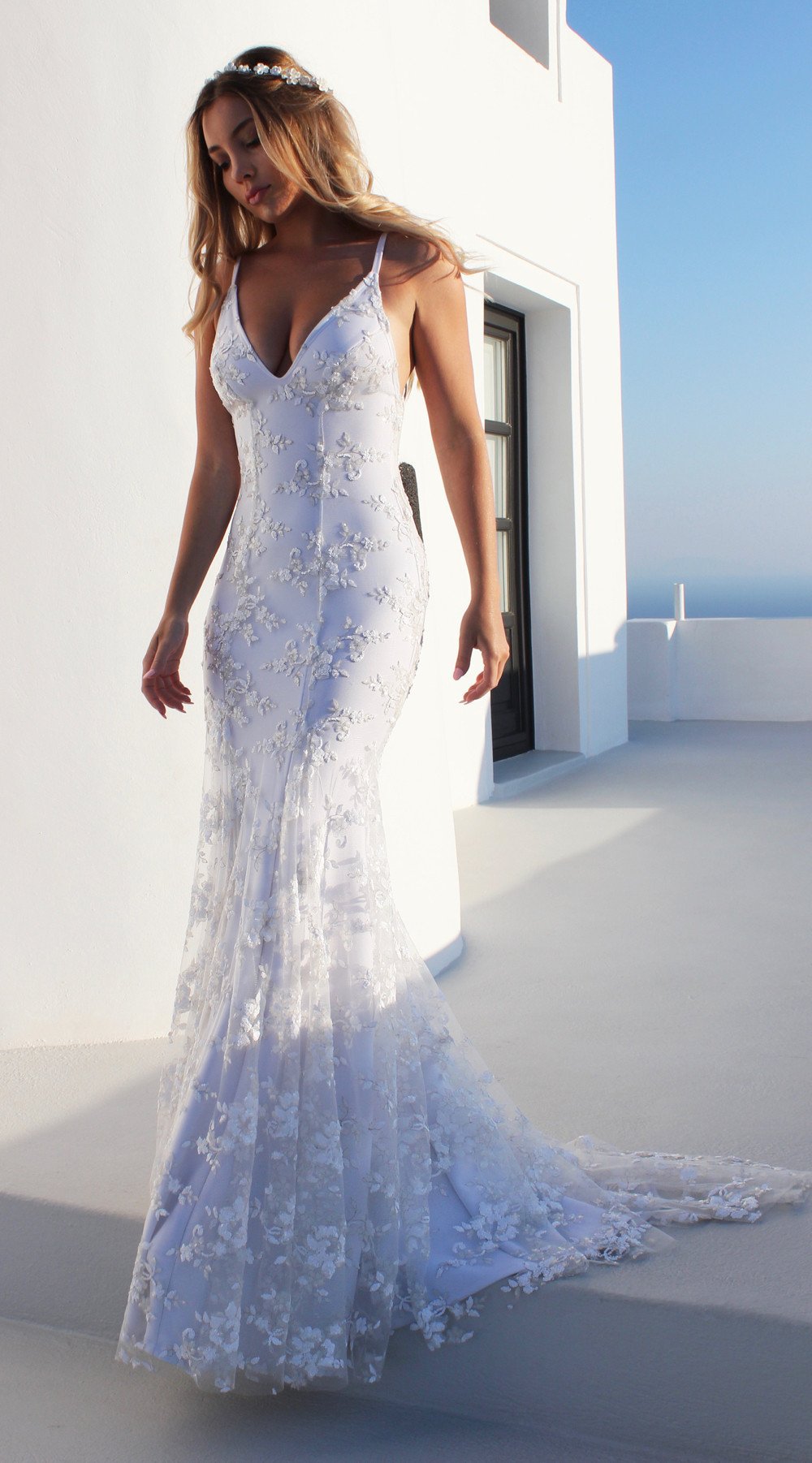 Elegant V-Neck White Strap Long Dress for Women, Sexy Evening Gown, Formal Occasion Dress