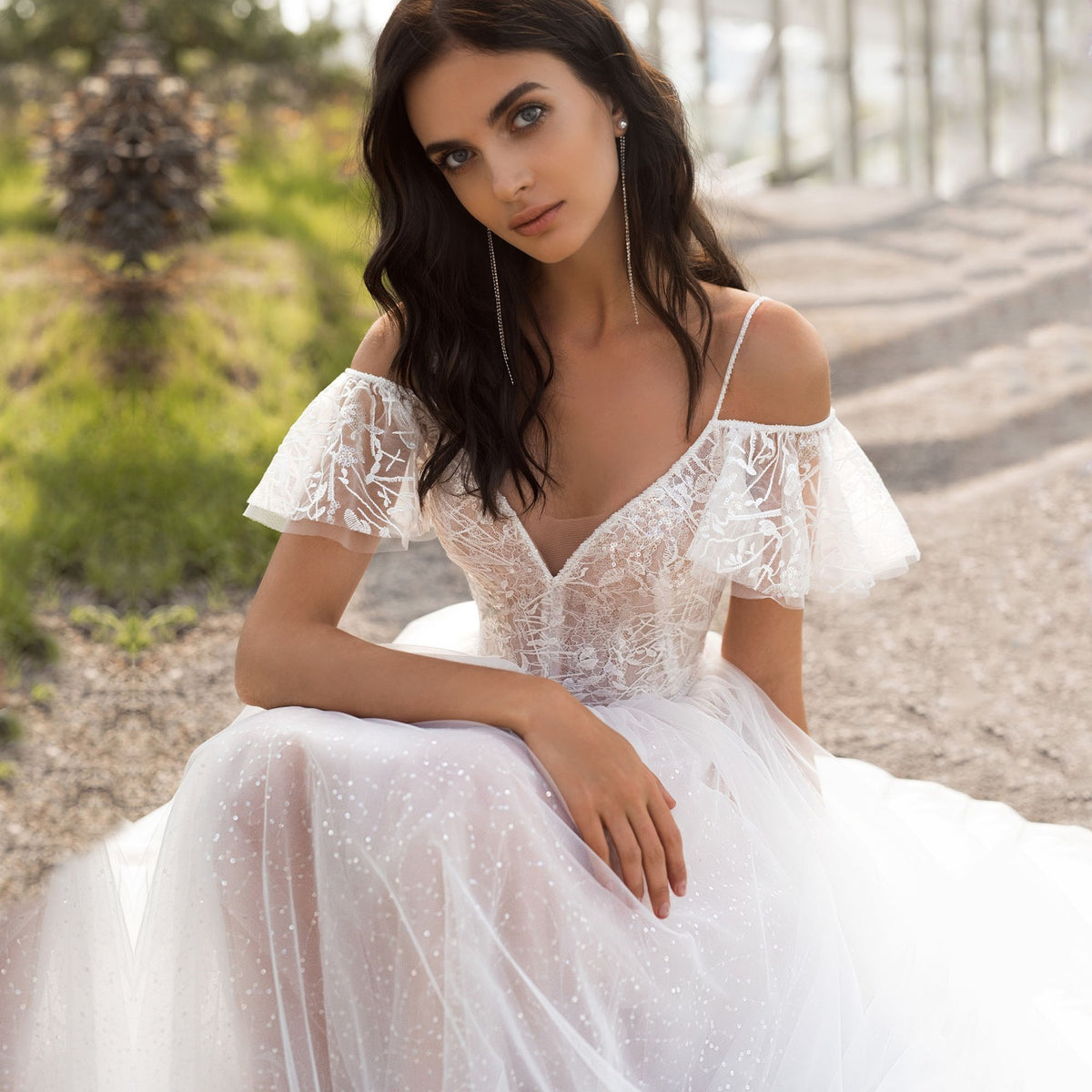 Elegant Wedding Dress with Lace Flowers One Shoulder, Double Strap, Floor Length, Slim Fit, Plus Size for Women