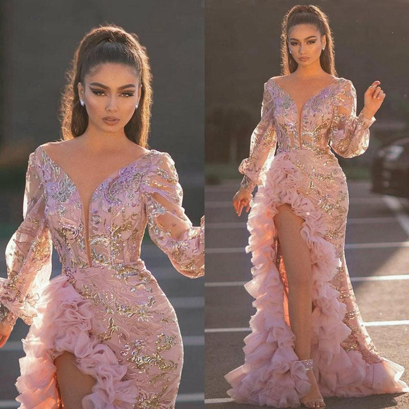 Elegant Pink Mesh Trail Sequin Slit Evening Dress for WomenSexy Backless Design Long SleeveFormal Occasion
