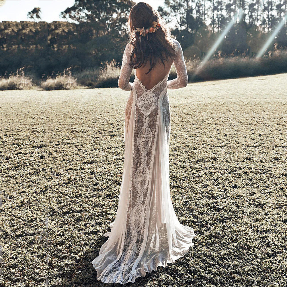Elegant Women's Dress Round Neck Long Sleeve Hollow Back Lace Formal Evening Wedding Gown