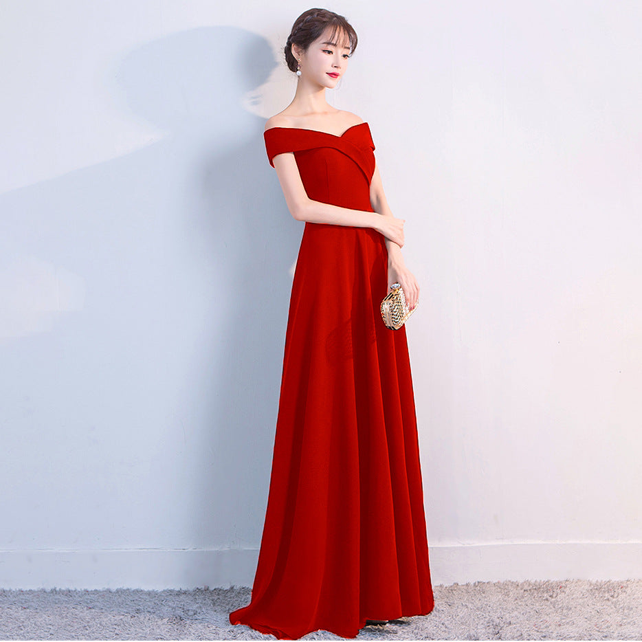 Evening Dress Women's New Banquet Black Party Dress Sexy One-Shoulder Long Dress