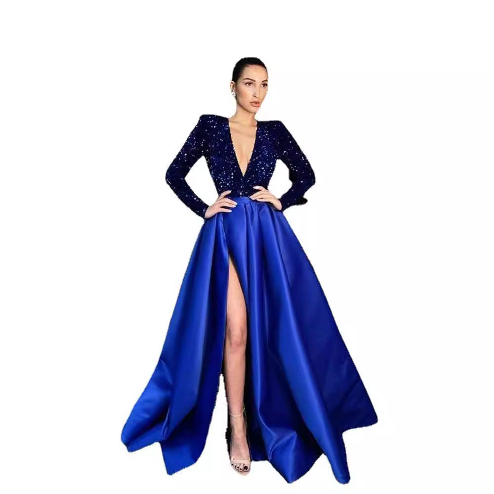 Sexy Long Sleeve Beaded V-Neck Flared Sequin Slit Maxi Dress Evening Gown