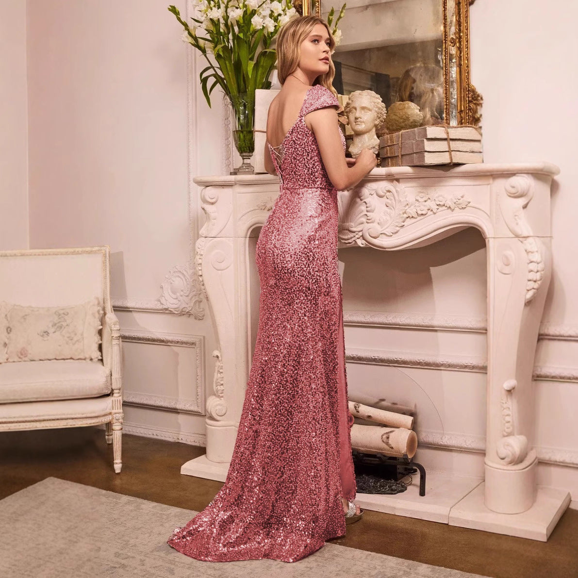 Sexy Sequin Evening Gown Long Formal Dress with Straps French Style Beaded Cocktail Dress