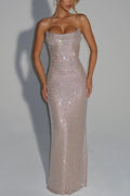 Slim fit sleeveless sequined long evening gown dress
