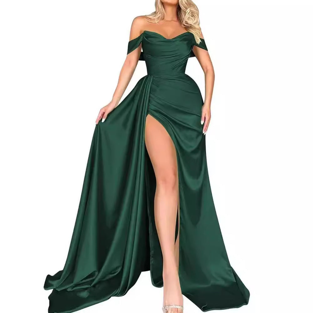 Elegant High-Slit One-Shoulder Evening Gown for Party and Hostess, Slim-Fitting Cocktail Dress