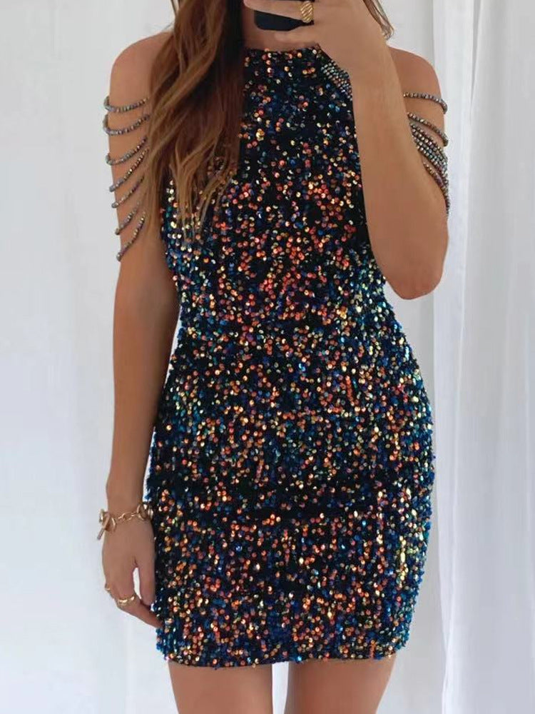 Fashion Hang-Neck Sexy Crystal Tassel Bodycon Sequin Midi Dress with Mid-Waist for Evening Wear