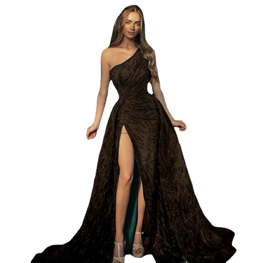 Spring and Summer New European and American Women's Wear Oblique Shoulder Split Long Dress, Toast Dress, Sequin Sling Evening Dress
