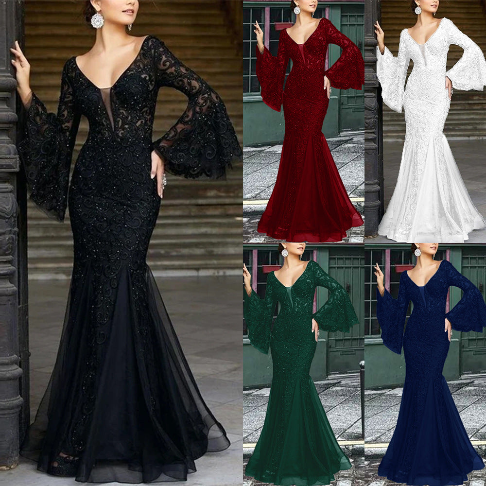 Elegant Sexy Fitted Mermaid Long Evening Dress for Women Black Lace Formal Gown