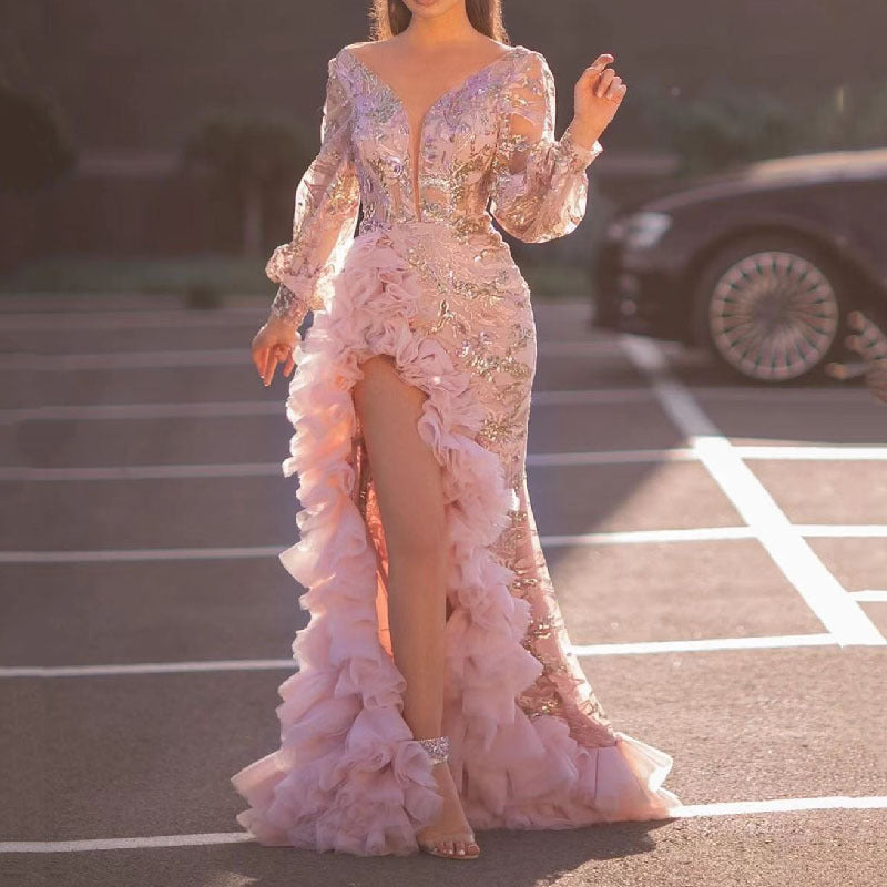 Elegant Pink Mesh Trail Sequin Slit Evening Dress for WomenSexy Backless Design Long SleeveFormal Occasion
