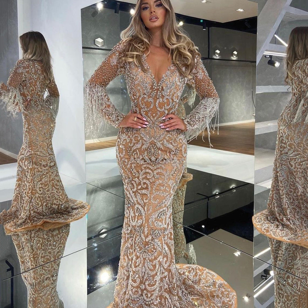 Elegant Sexy Female Evening Dress with Fish Tail, Gold Sequin Fringe, Long Gown