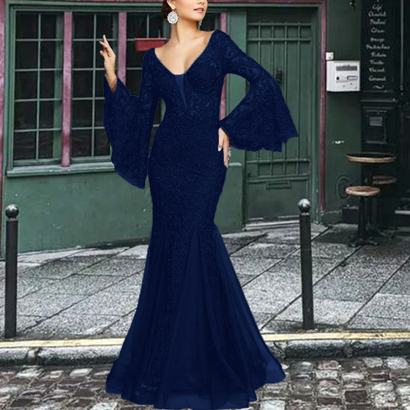 Elegant Sexy Fitted Mermaid Long Evening Dress for Women Black Lace Formal Gown