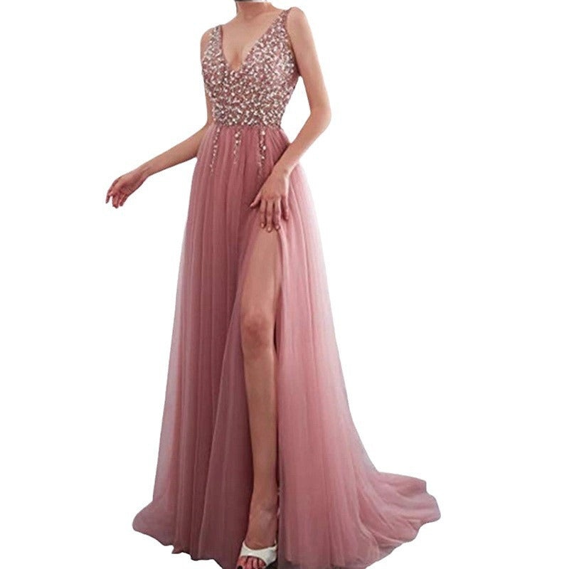 Embroidered Beaded Sexy Deep V-Neck Long Dress Evening Gown