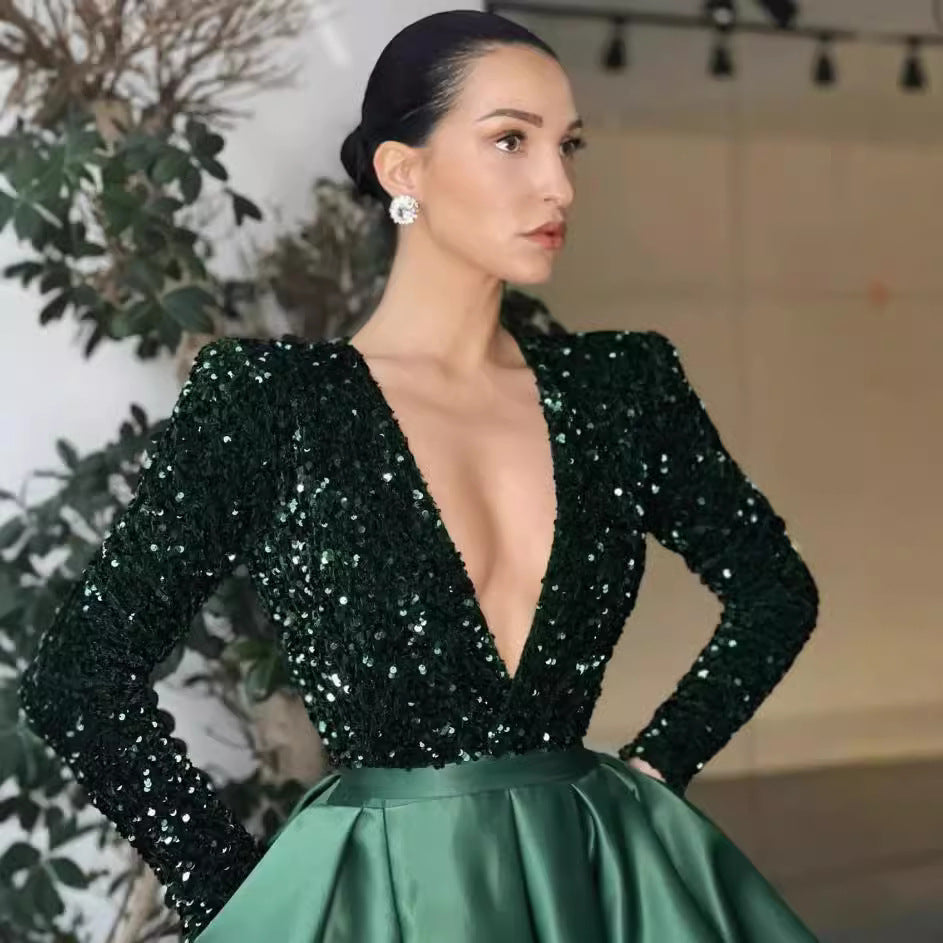 Sexy Long Sleeve Beaded V-Neck Flared Sequin Slit Maxi Dress Evening Gown