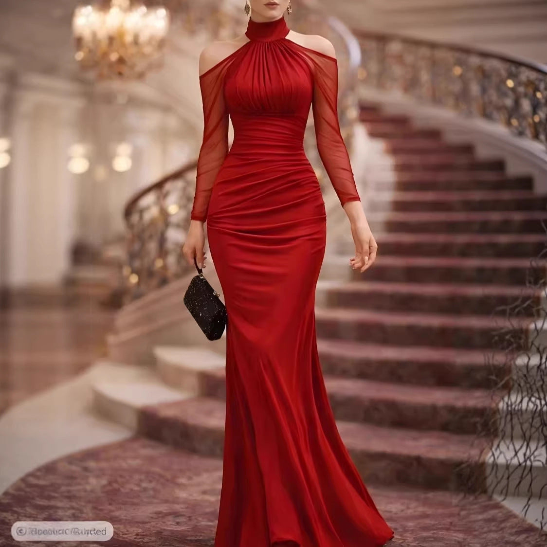 Sheer shoulder length long sleeved evening gown
