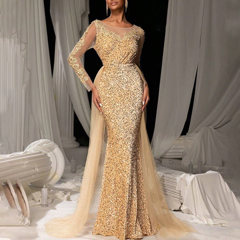 Elegant Long Lace Evening Dress for Women - Fashionable and Chic Party Gown with Sophisticated Style