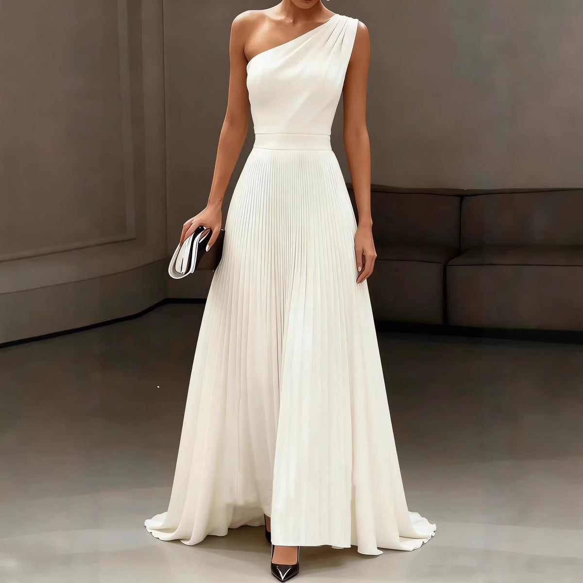 Elegant White One-Shoulder Long Dress with PleatsSummer Wedding Gown, Formal Occasion Dress