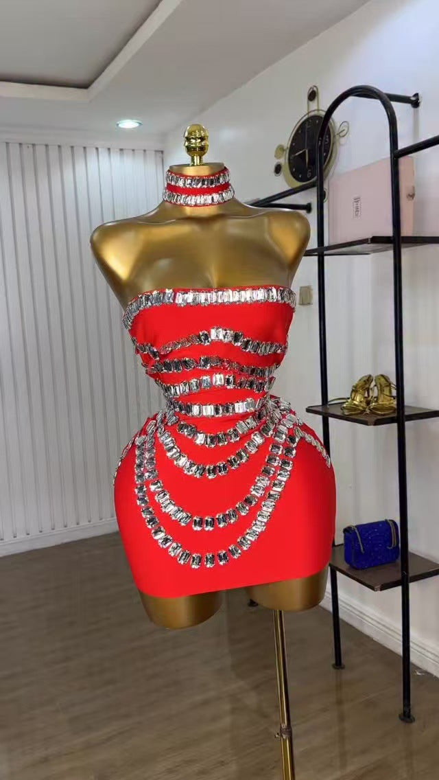 Heavy Embroidery Party Evening Bandage Dress Rhinestone Unique Halter Formal Wear Sexy Fitted Women's Dress