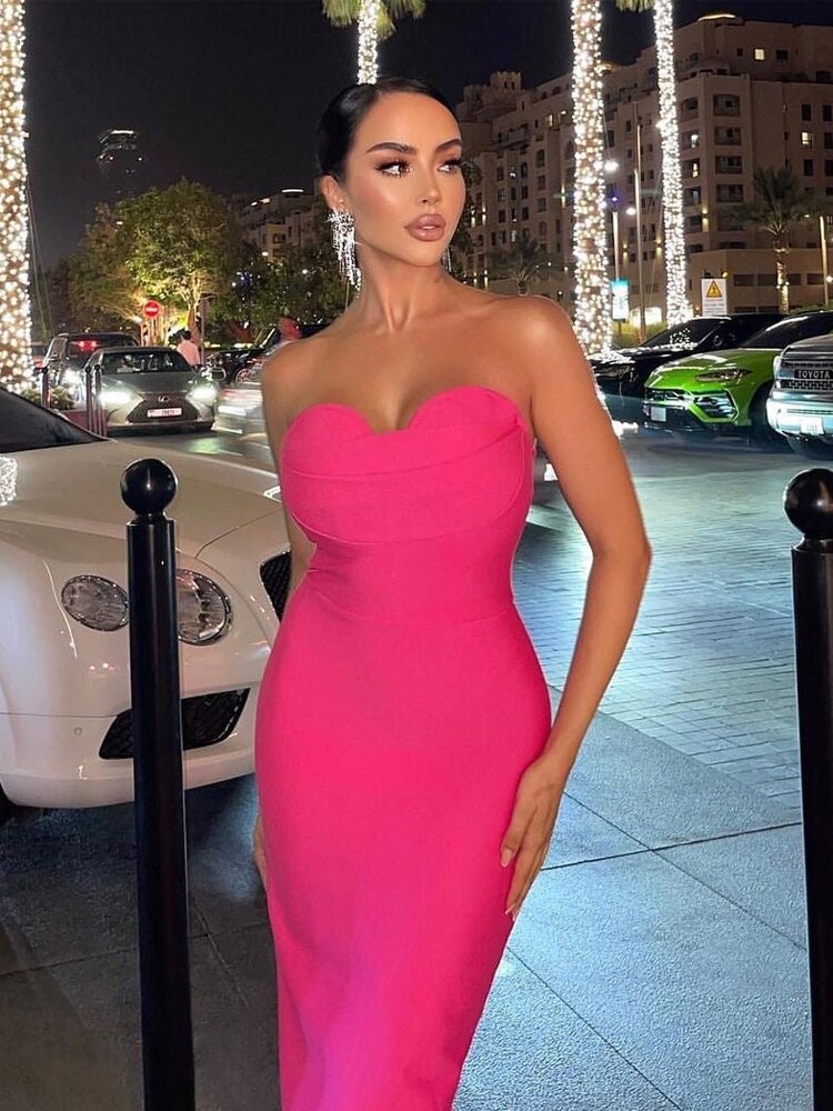Women Strapless Bodycon Bandage Dress Sexy Sleeveless Backless Celebrity Evening Club Party Midi Dress Vestidos