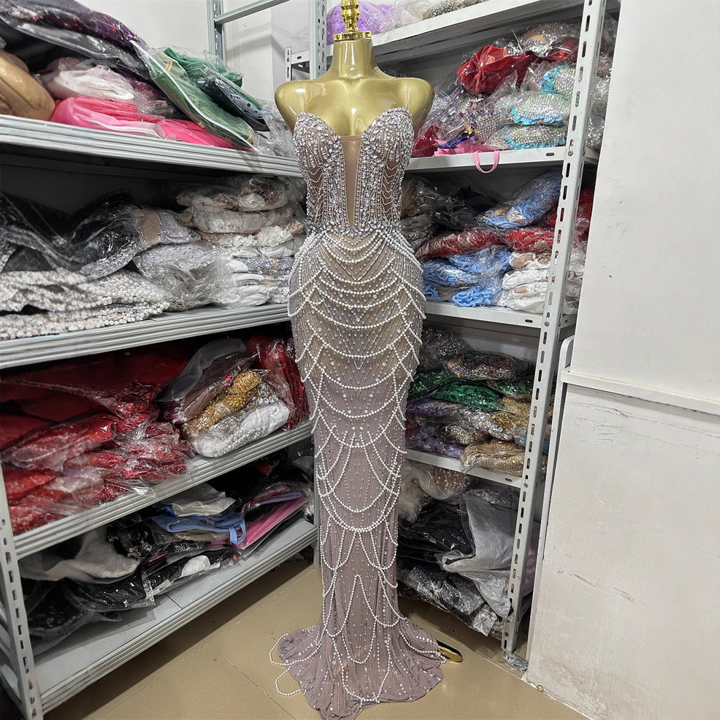 High-quality Fashion Backless V-neck Strapless Fitted Beaded Chain-embellished Long Bodycon Dress Evening Gown