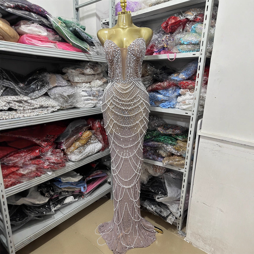 High-quality Fashion Backless V-neck Strapless Fitted Beaded Chain-embellished Long Bodycon Dress Evening Gown