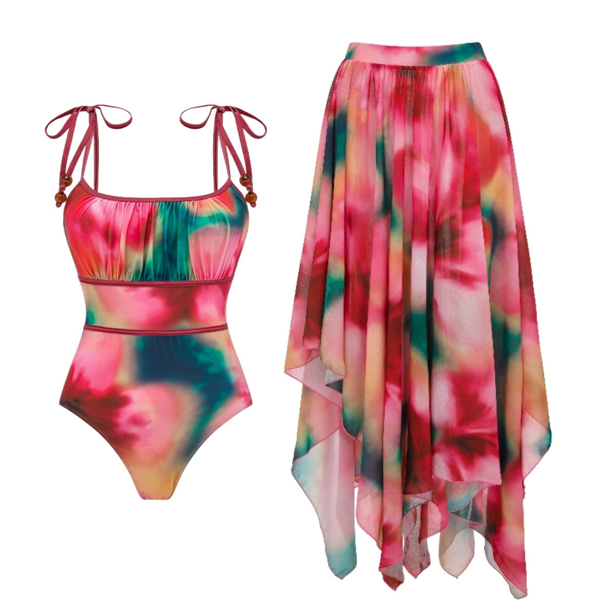 Fashion V-Neck Cross-Back Tie Dye One-Piece Swimwear Set for Women