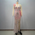 Fashionable Pink Strapless Sequined Pleated Hem Fitted Beaded Slit Long Maxi Dress for Evening