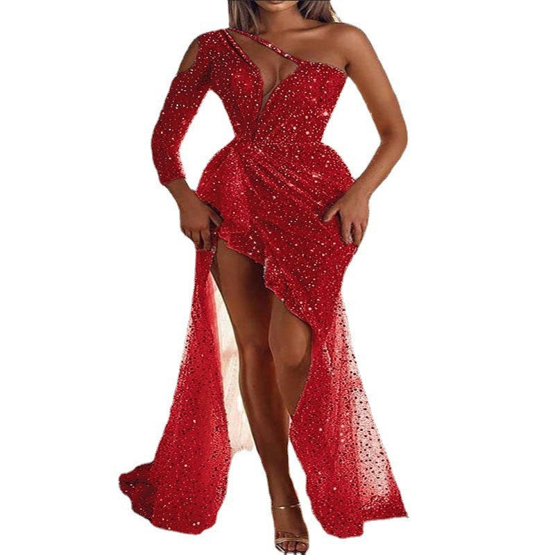 Dreamy Lady Gathering Party Elegant Sexy High-Slit Long Sleeve Sequin Evening Gown