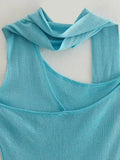 Elegant Solid Blue Sleeveless Ribbon Halter Midi Dress Women One Shoulder Slim A-line Long Vestidos Fashion Prom Party Robes