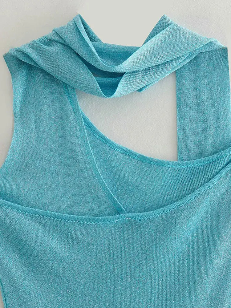 Elegant Solid Blue Sleeveless Ribbon Halter Midi Dress Women One Shoulder Slim A-line Long Vestidos Fashion Prom Party Robes