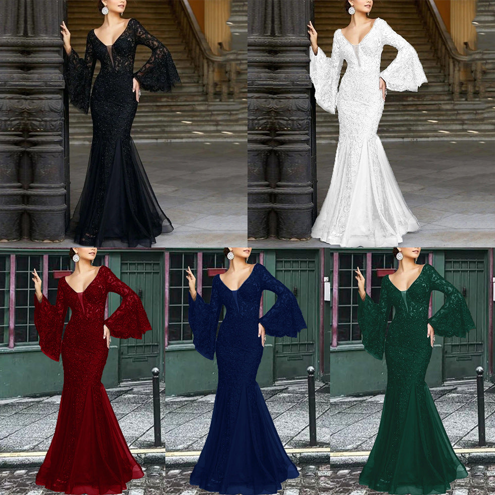 Elegant Sexy Fitted Mermaid Long Evening Dress for Women Black Lace Formal Gown