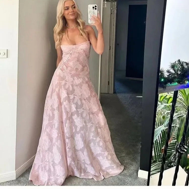 Style Summer Pink Lace Sheer Halter One-Shoulder Elegant Evening Dress Flower Dress