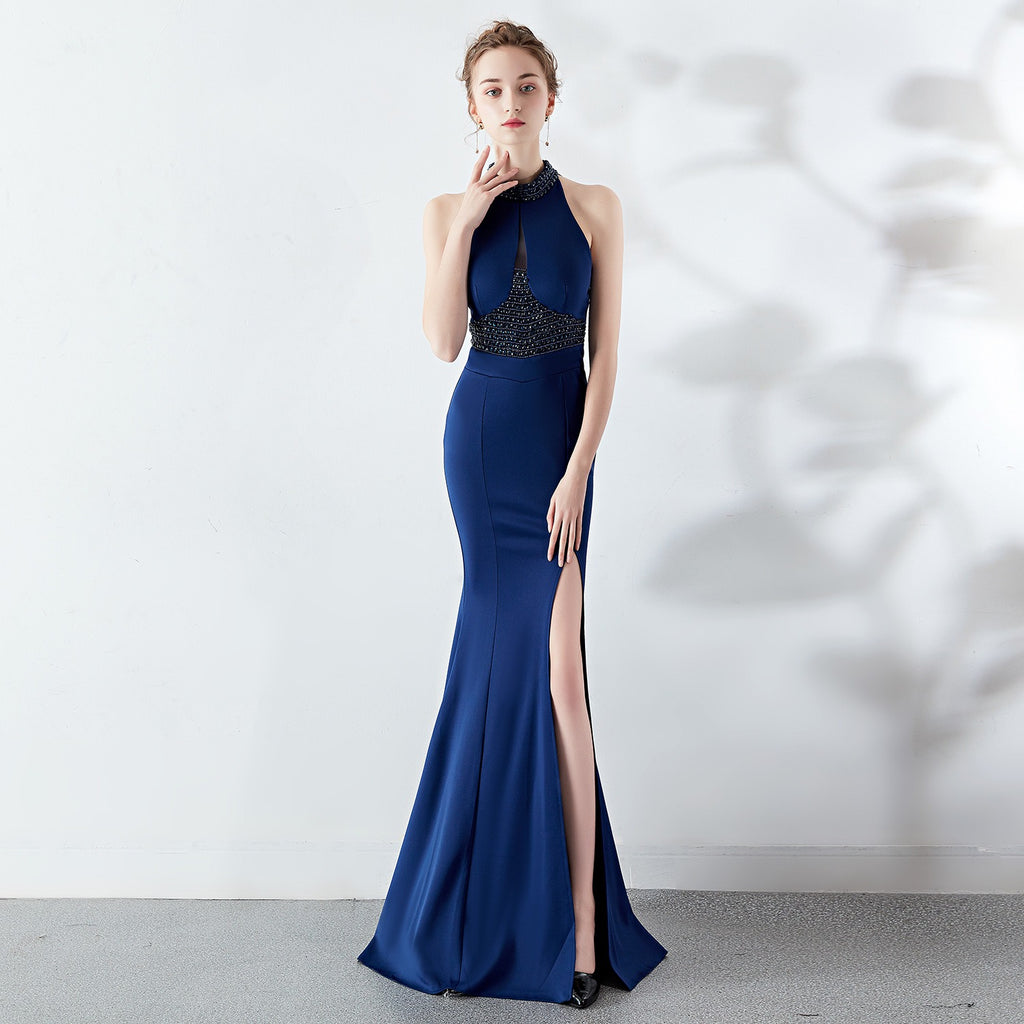 Autumn Fashionable Long Red Mermaid Halter Neck Wedding Banquet Evening Dress