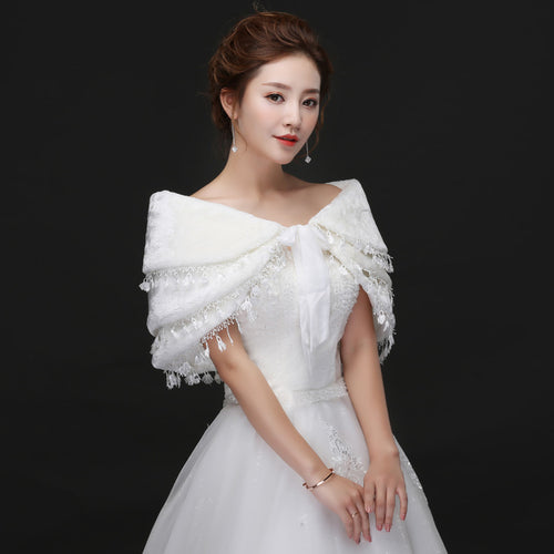 Bridal Plush Shawl Wedding Dress Winter Warm Three-layer Tassel Shawl
