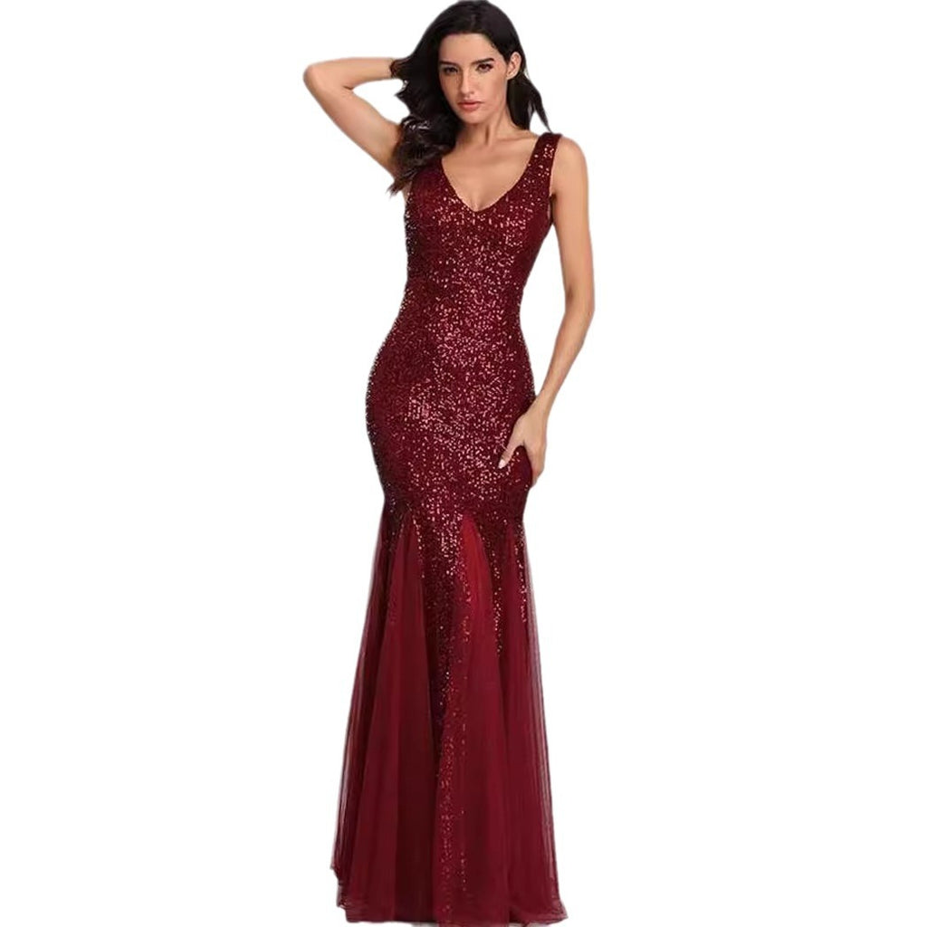 Sequined fish tail slimming banquet evening gown