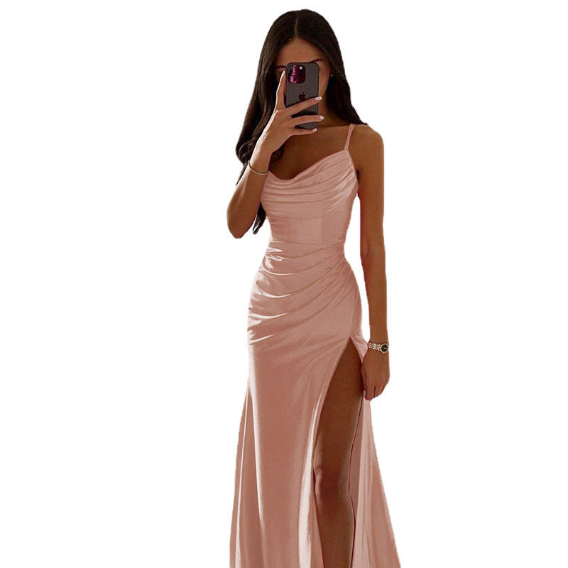 Elegant Strapless Pleated Slit Satin DressElegant Strapless Pleated Slit Satin Dress, Sexy Fitted Bodycon Gown with Open Back