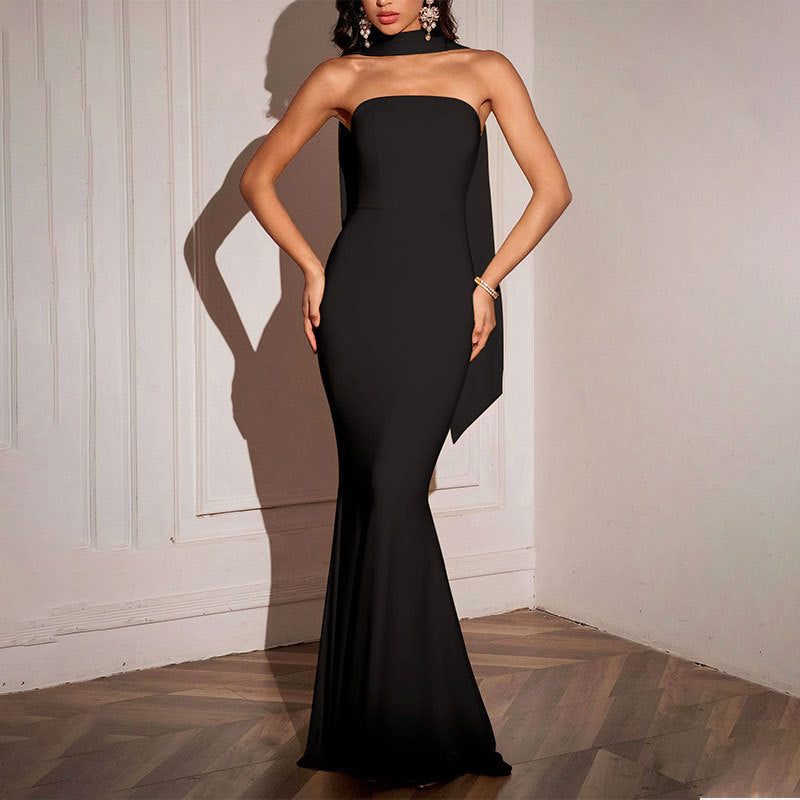Elegant Fitted Strapless Ribbon-Trimmed Sheath Dress for Women Party Evening Gown