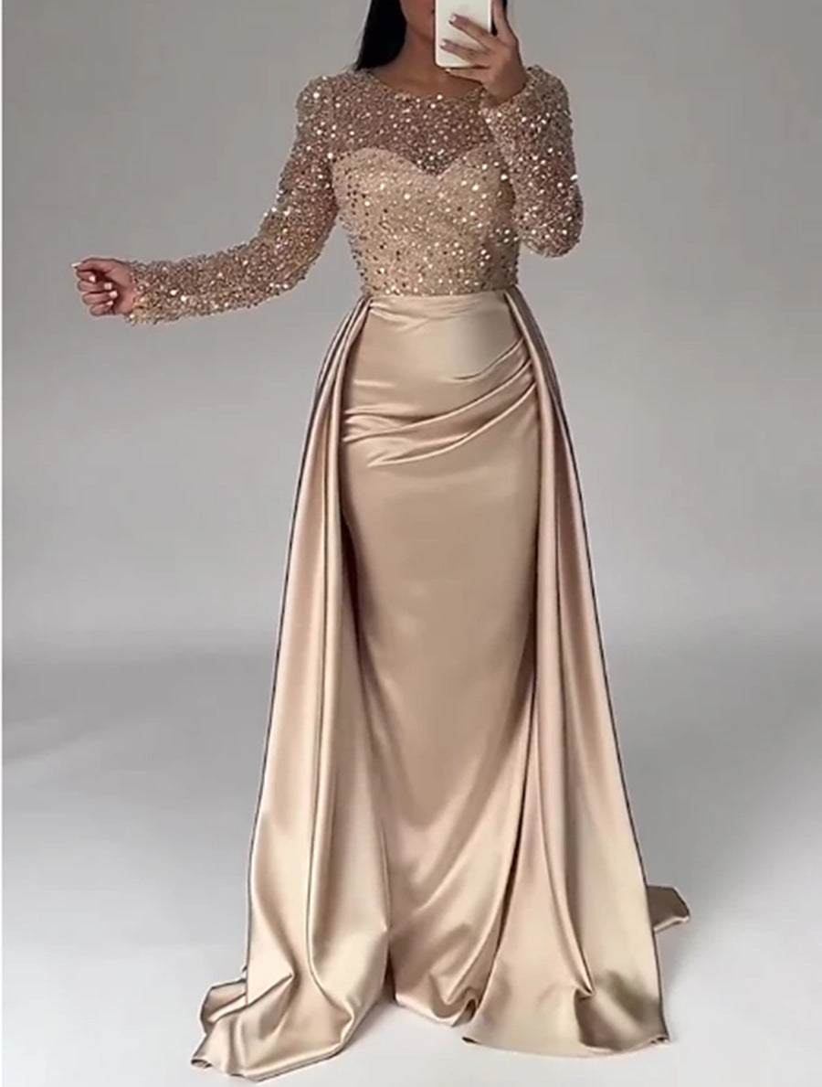 Elegant Long Sleeve Sequin Evening Gown for Women Formal Party Hostess Dress, Chic Lady Look