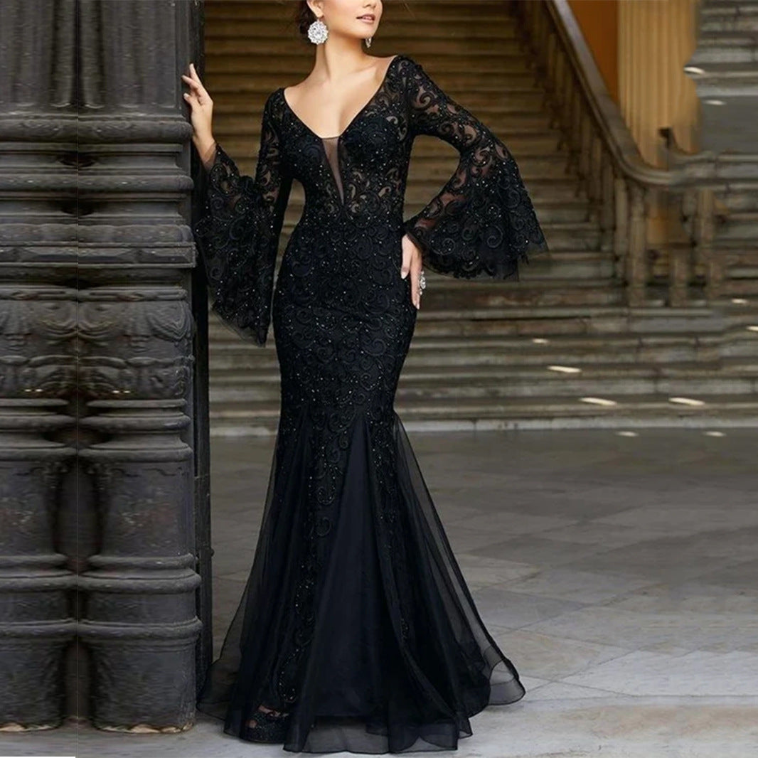 Elegant Sexy Fitted Mermaid Long Evening Dress for Women Black Lace Formal Gown