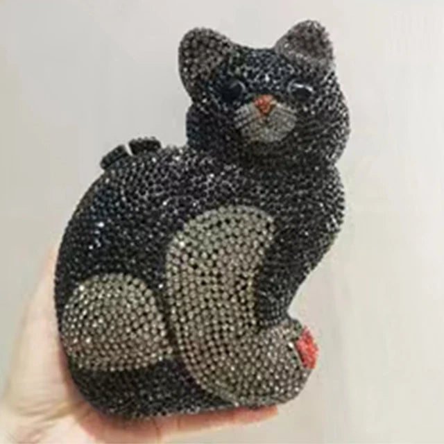 Cat Shape Women Crystal Clutches Bags Evening Purse White Rhinestone Gold Metal Clutch Party Mini Minaudiere Prom Chain Handbags