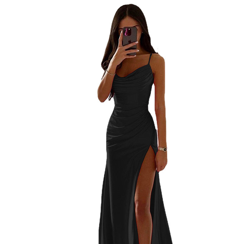 Elegant Strapless Pleated Slit Satin DressElegant Strapless Pleated Slit Satin Dress, Sexy Fitted Bodycon Gown with Open Back