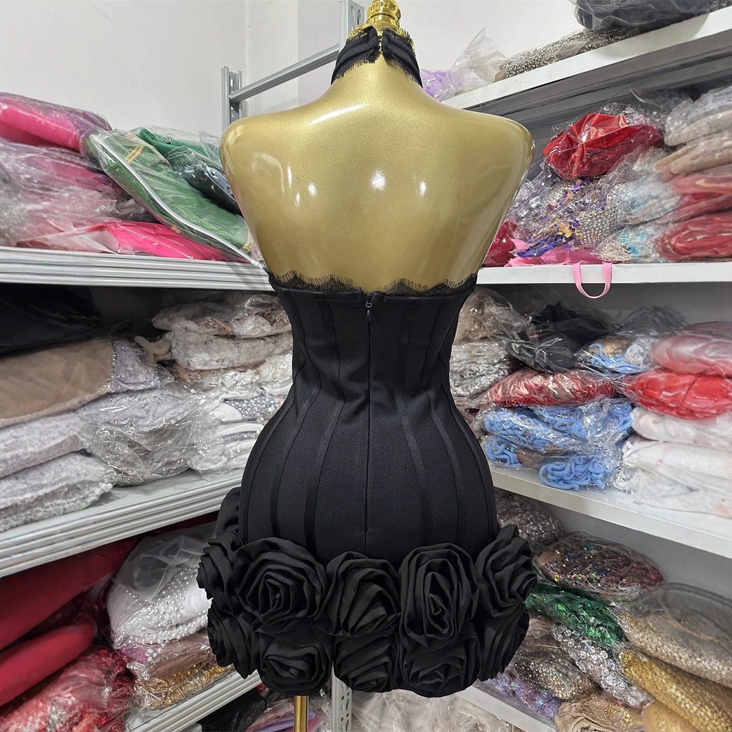 Women's High-end Sexy Halter Dress Slim Fit Floral Hem Evening Dress Bodycon Dress