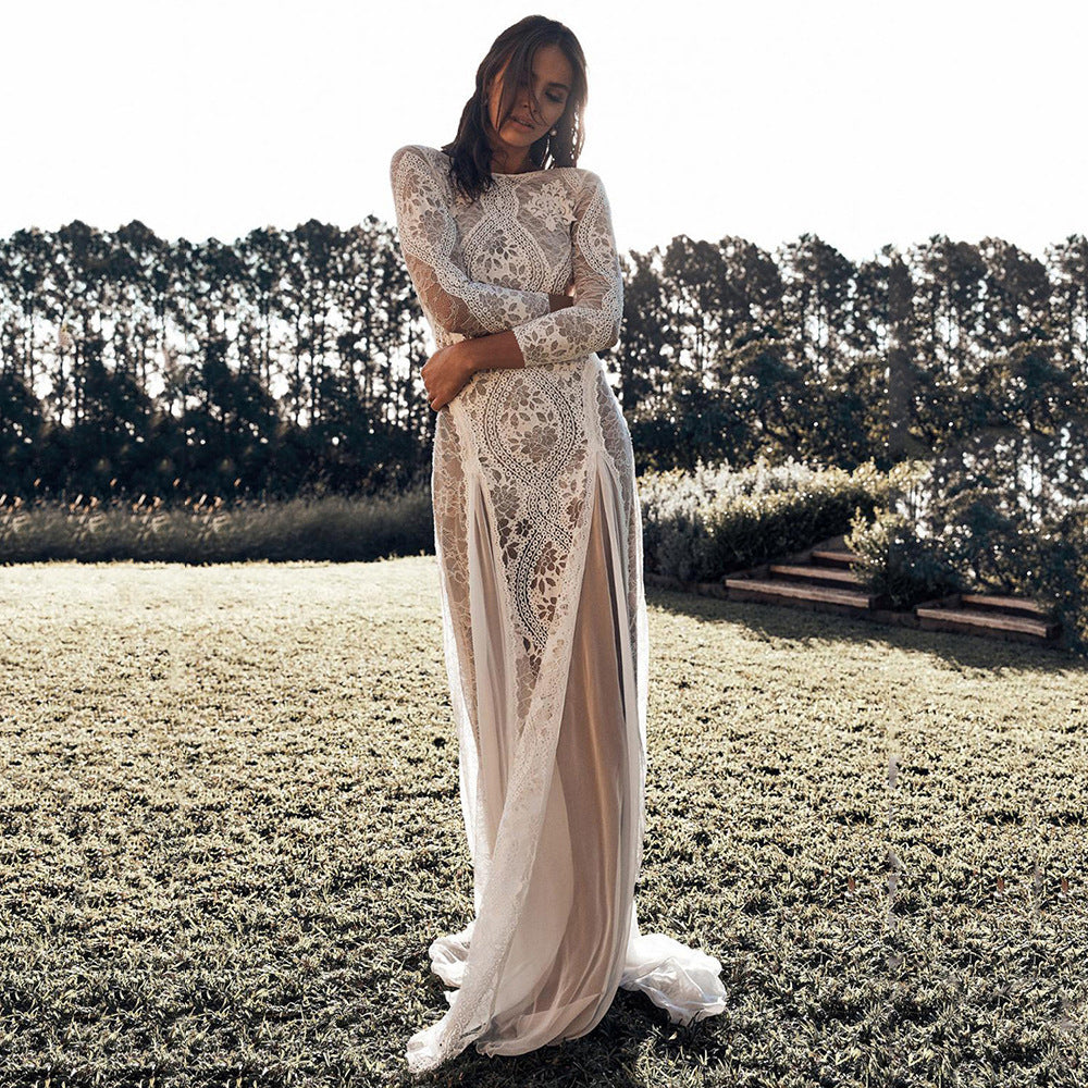 Elegant Women's Dress Round Neck Long Sleeve Hollow Back Lace Formal Evening Wedding Gown